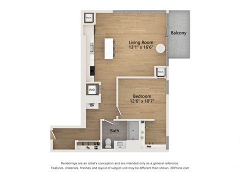Floor plan for 1 bed, 1 bath, 767 sqft